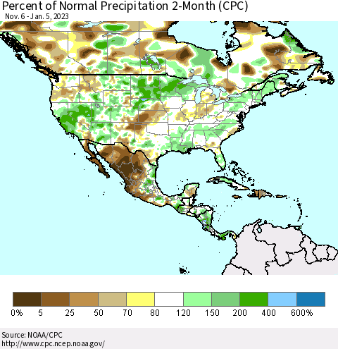 North America Percent of Normal Precipitation 2-Month (CPC) Thematic Map For 11/6/2022 - 1/5/2023
