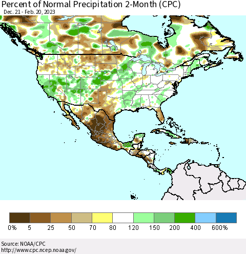 North America Percent of Normal Precipitation 2-Month (CPC) Thematic Map For 12/21/2022 - 2/20/2023