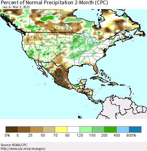 North America Percent of Normal Precipitation 2-Month (CPC) Thematic Map For 1/6/2023 - 3/5/2023