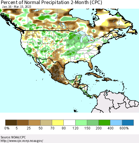 North America Percent of Normal Precipitation 2-Month (CPC) Thematic Map For 1/16/2023 - 3/15/2023