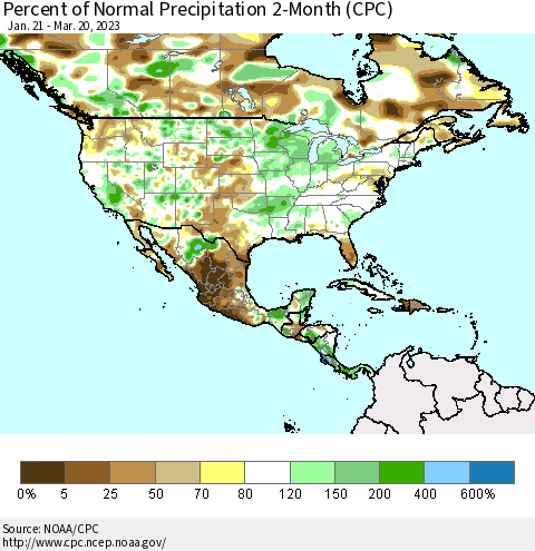 North America Percent of Normal Precipitation 2-Month (CPC) Thematic Map For 1/21/2023 - 3/20/2023