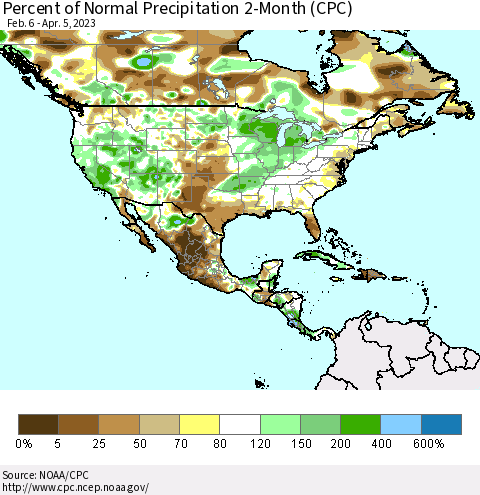 North America Percent of Normal Precipitation 2-Month (CPC) Thematic Map For 2/6/2023 - 4/5/2023