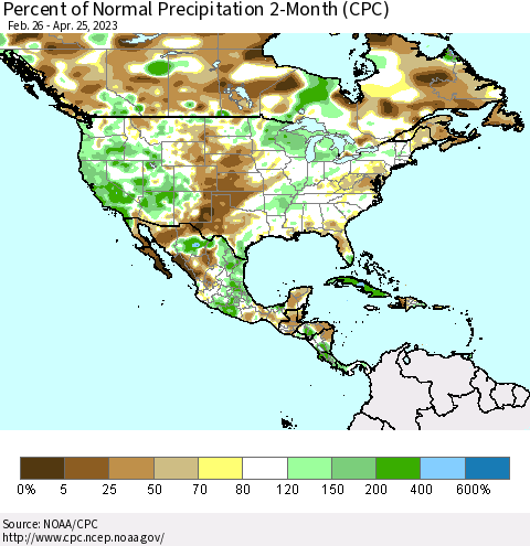 North America Percent of Normal Precipitation 2-Month (CPC) Thematic Map For 2/26/2023 - 4/25/2023