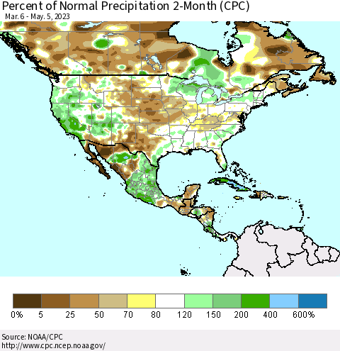 North America Percent of Normal Precipitation 2-Month (CPC) Thematic Map For 3/6/2023 - 5/5/2023
