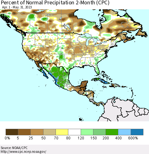 North America Percent of Normal Precipitation 2-Month (CPC) Thematic Map For 4/1/2023 - 5/31/2023