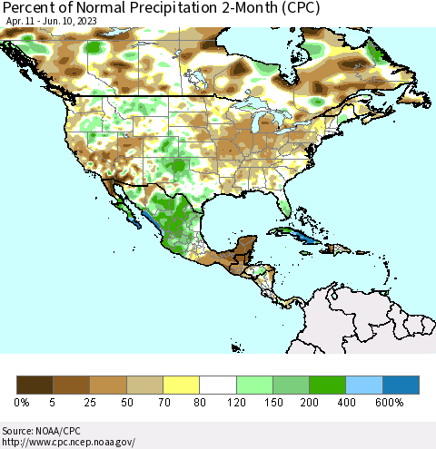 North America Percent of Normal Precipitation 2-Month (CPC) Thematic Map For 4/11/2023 - 6/10/2023