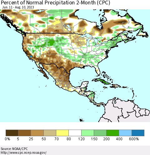 North America Percent of Normal Precipitation 2-Month (CPC) Thematic Map For 6/11/2023 - 8/10/2023