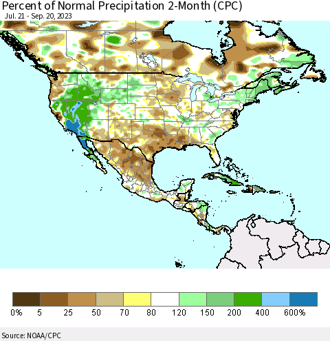 North America Percent of Normal Precipitation 2-Month (CPC) Thematic Map For 7/21/2023 - 9/20/2023