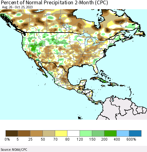 North America Percent of Normal Precipitation 2-Month (CPC) Thematic Map For 8/26/2023 - 10/25/2023