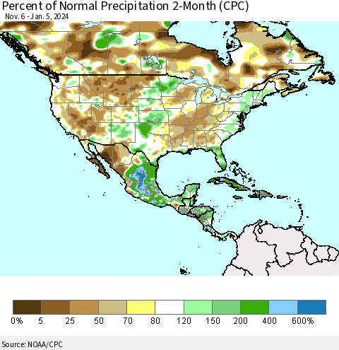 North America Percent of Normal Precipitation 2-Month (CPC) Thematic Map For 11/6/2023 - 1/5/2024