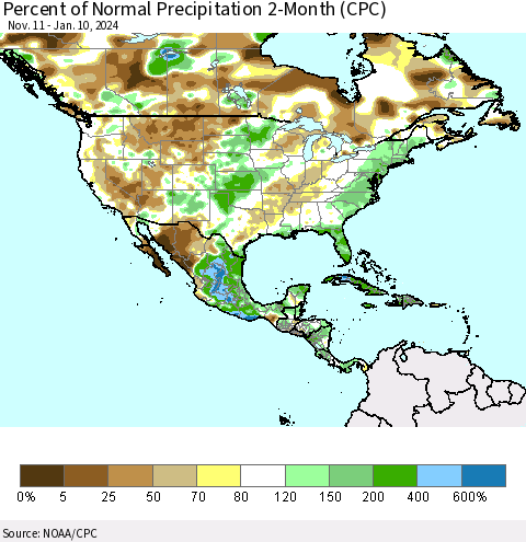 North America Percent of Normal Precipitation 2-Month (CPC) Thematic Map For 11/11/2023 - 1/10/2024