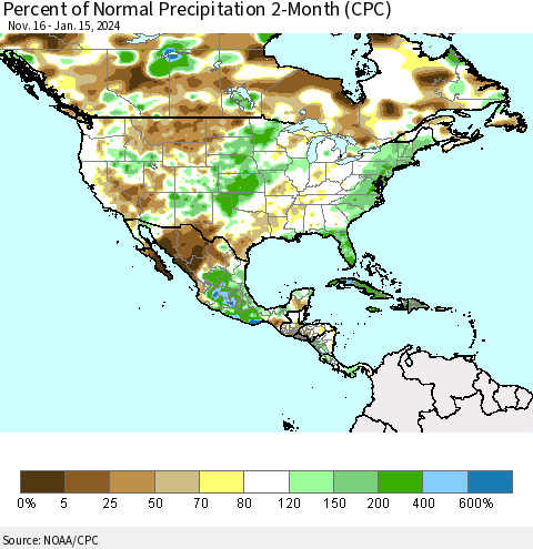 North America Percent of Normal Precipitation 2-Month (CPC) Thematic Map For 11/16/2023 - 1/15/2024