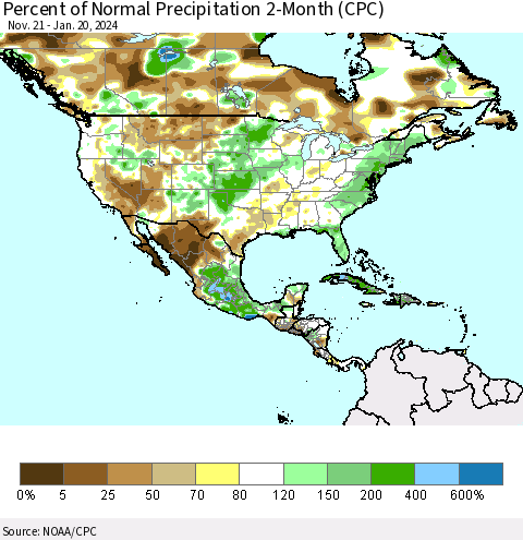 North America Percent of Normal Precipitation 2-Month (CPC) Thematic Map For 11/21/2023 - 1/20/2024