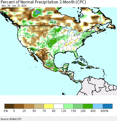 North America Percent of Normal Precipitation 2-Month (CPC) Thematic Map For 11/26/2023 - 1/25/2024