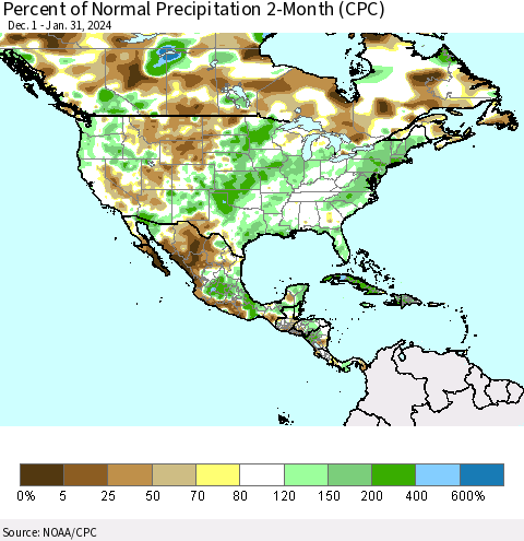 North America Percent of Normal Precipitation 2-Month (CPC) Thematic Map For 12/1/2023 - 1/31/2024