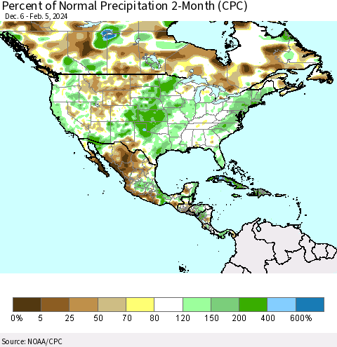 North America Percent of Normal Precipitation 2-Month (CPC) Thematic Map For 12/6/2023 - 2/5/2024