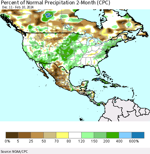 North America Percent of Normal Precipitation 2-Month (CPC) Thematic Map For 12/11/2023 - 2/10/2024