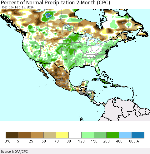 North America Percent of Normal Precipitation 2-Month (CPC) Thematic Map For 12/16/2023 - 2/15/2024