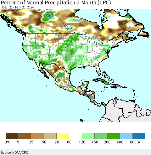 North America Percent of Normal Precipitation 2-Month (CPC) Thematic Map For 12/21/2023 - 2/20/2024