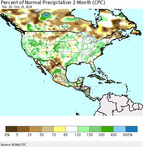 North America Percent of Normal Precipitation 2-Month (CPC) Thematic Map For 12/26/2023 - 2/25/2024