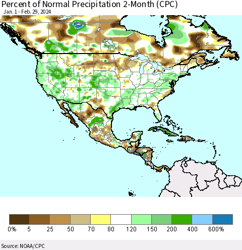 North America Percent of Normal Precipitation 2-Month (CPC) Thematic Map For 1/1/2024 - 2/29/2024