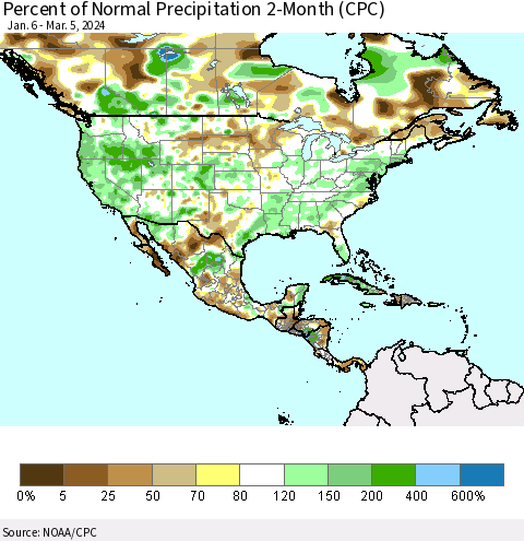 North America Percent of Normal Precipitation 2-Month (CPC) Thematic Map For 1/6/2024 - 3/5/2024