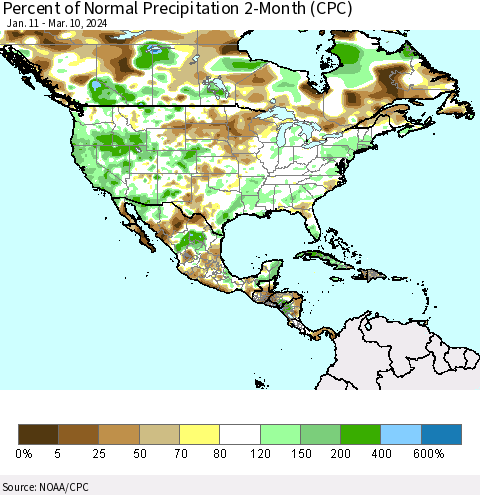 North America Percent of Normal Precipitation 2-Month (CPC) Thematic Map For 1/11/2024 - 3/10/2024