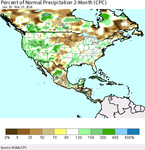 North America Percent of Normal Precipitation 2-Month (CPC) Thematic Map For 1/16/2024 - 3/15/2024