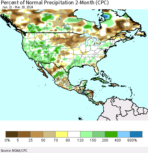 North America Percent of Normal Precipitation 2-Month (CPC) Thematic Map For 1/21/2024 - 3/20/2024