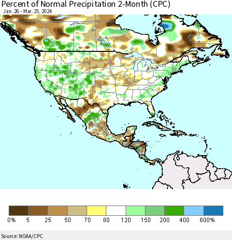North America Percent of Normal Precipitation 2-Month (CPC) Thematic Map For 1/26/2024 - 3/25/2024