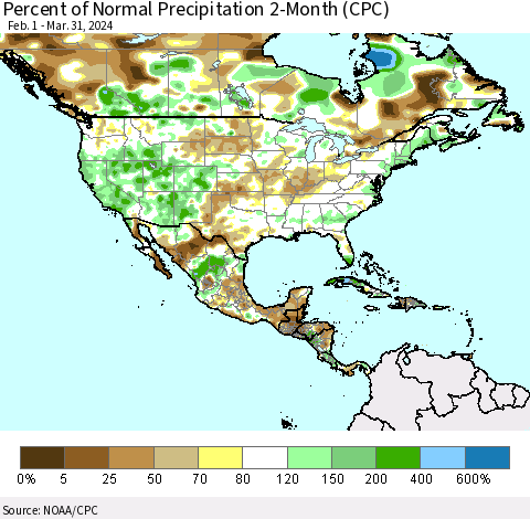 North America Percent of Normal Precipitation 2-Month (CPC) Thematic Map For 2/1/2024 - 3/31/2024