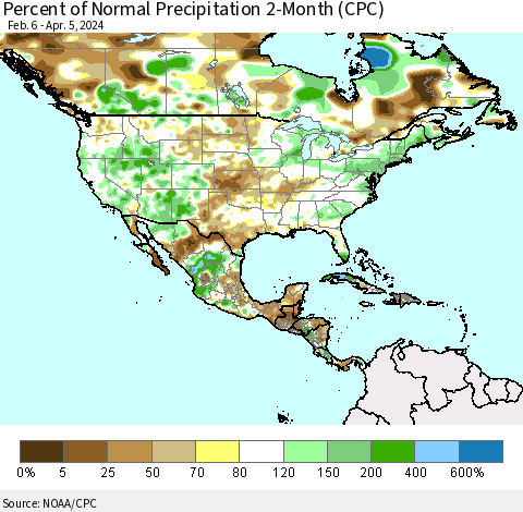 North America Percent of Normal Precipitation 2-Month (CPC) Thematic Map For 2/6/2024 - 4/5/2024