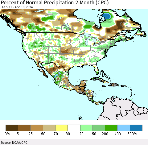 North America Percent of Normal Precipitation 2-Month (CPC) Thematic Map For 2/11/2024 - 4/10/2024
