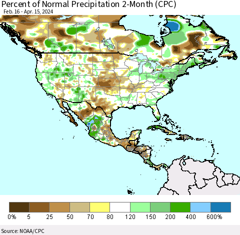 North America Percent of Normal Precipitation 2-Month (CPC) Thematic Map For 2/16/2024 - 4/15/2024