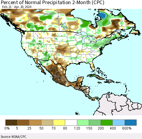North America Percent of Normal Precipitation 2-Month (CPC) Thematic Map For 2/21/2024 - 4/20/2024