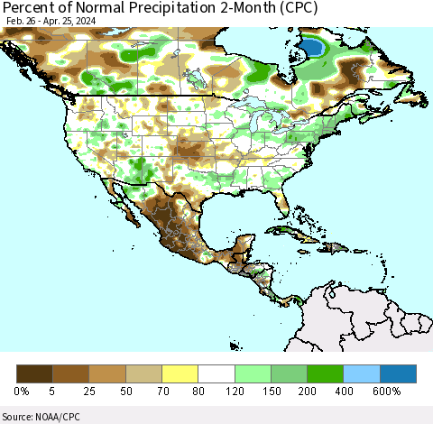 North America Percent of Normal Precipitation 2-Month (CPC) Thematic Map For 2/26/2024 - 4/25/2024