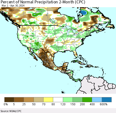 North America Percent of Normal Precipitation 2-Month (CPC) Thematic Map For 3/1/2024 - 4/30/2024