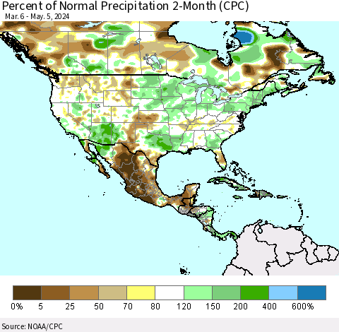 North America Percent of Normal Precipitation 2-Month (CPC) Thematic Map For 3/6/2024 - 5/5/2024