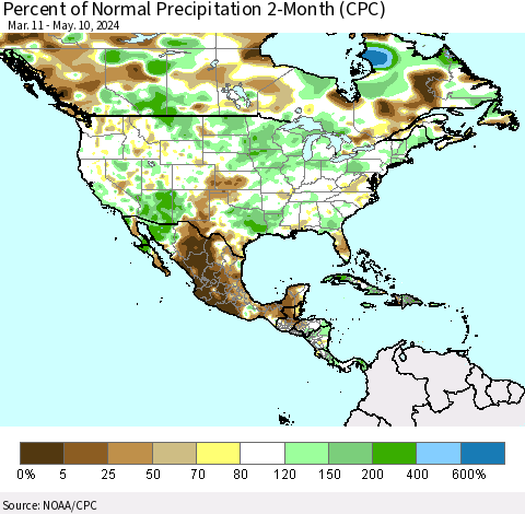 North America Percent of Normal Precipitation 2-Month (CPC) Thematic Map For 3/11/2024 - 5/10/2024