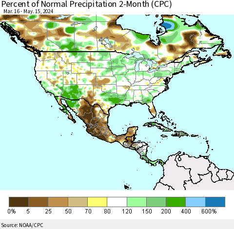 North America Percent of Normal Precipitation 2-Month (CPC) Thematic Map For 3/16/2024 - 5/15/2024