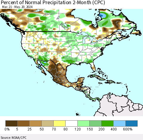 North America Percent of Normal Precipitation 2-Month (CPC) Thematic Map For 3/21/2024 - 5/20/2024