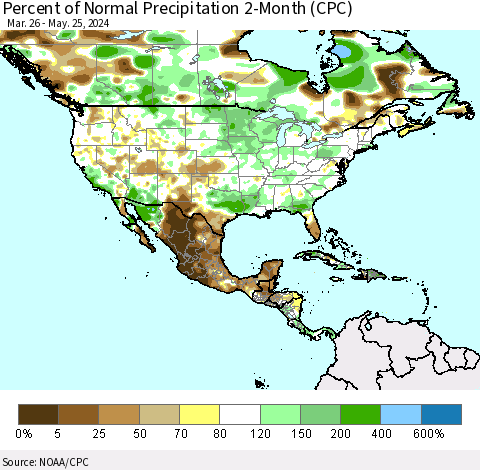 North America Percent of Normal Precipitation 2-Month (CPC) Thematic Map For 3/26/2024 - 5/25/2024