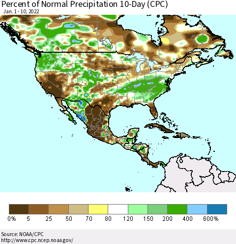 North America Percent of Normal Precipitation 10-Day (CPC) Thematic Map For 1/1/2022 - 1/10/2022