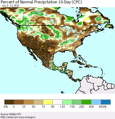 North America Percent of Normal Precipitation 10-Day (CPC) Thematic Map For 1/6/2022 - 1/15/2022