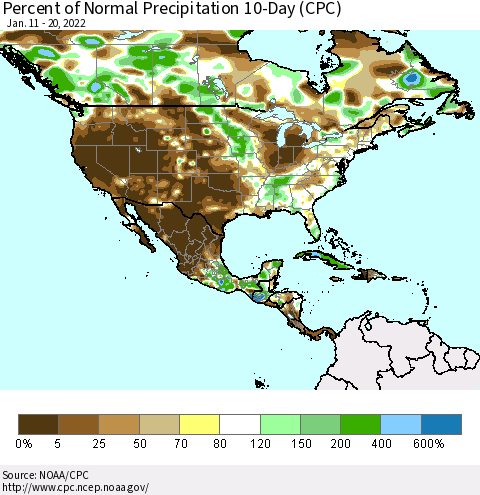 North America Percent of Normal Precipitation 10-Day (CPC) Thematic Map For 1/11/2022 - 1/20/2022