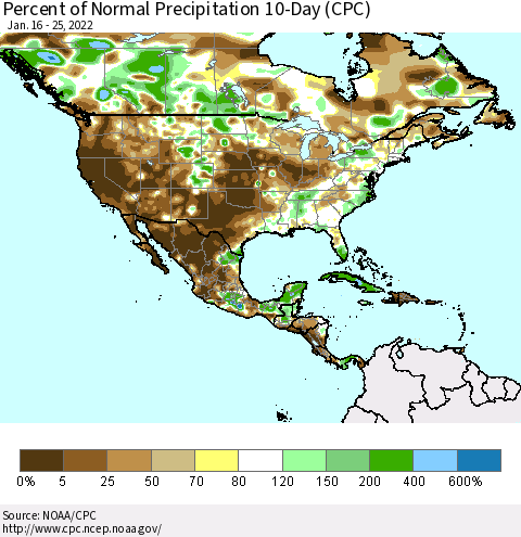 North America Percent of Normal Precipitation 10-Day (CPC) Thematic Map For 1/16/2022 - 1/25/2022