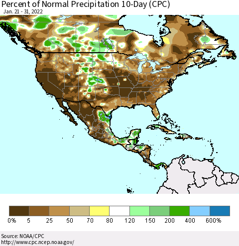 North America Percent of Normal Precipitation 10-Day (CPC) Thematic Map For 1/21/2022 - 1/31/2022