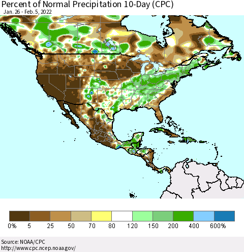 North America Percent of Normal Precipitation 10-Day (CPC) Thematic Map For 1/26/2022 - 2/5/2022