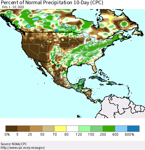 North America Percent of Normal Precipitation 10-Day (CPC) Thematic Map For 2/1/2022 - 2/10/2022