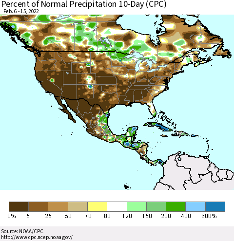 North America Percent of Normal Precipitation 10-Day (CPC) Thematic Map For 2/6/2022 - 2/15/2022